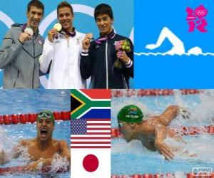 Puzzle Πόντιουμ κολύμβηση 200 m πεταλούδα άνδρες, Τσαντ le Clos (Νότια Αφρική), Michael Phelps (Ηνωμένες Πολιτείες), και Takeshi Matsuda (Ιαπωνία) - London 2012-